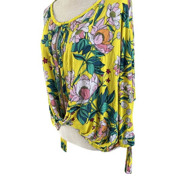 Free People Yellow Floral Long-Sleeve Blouse Tie Detail/Button Closure size M - Picture 2 of 11